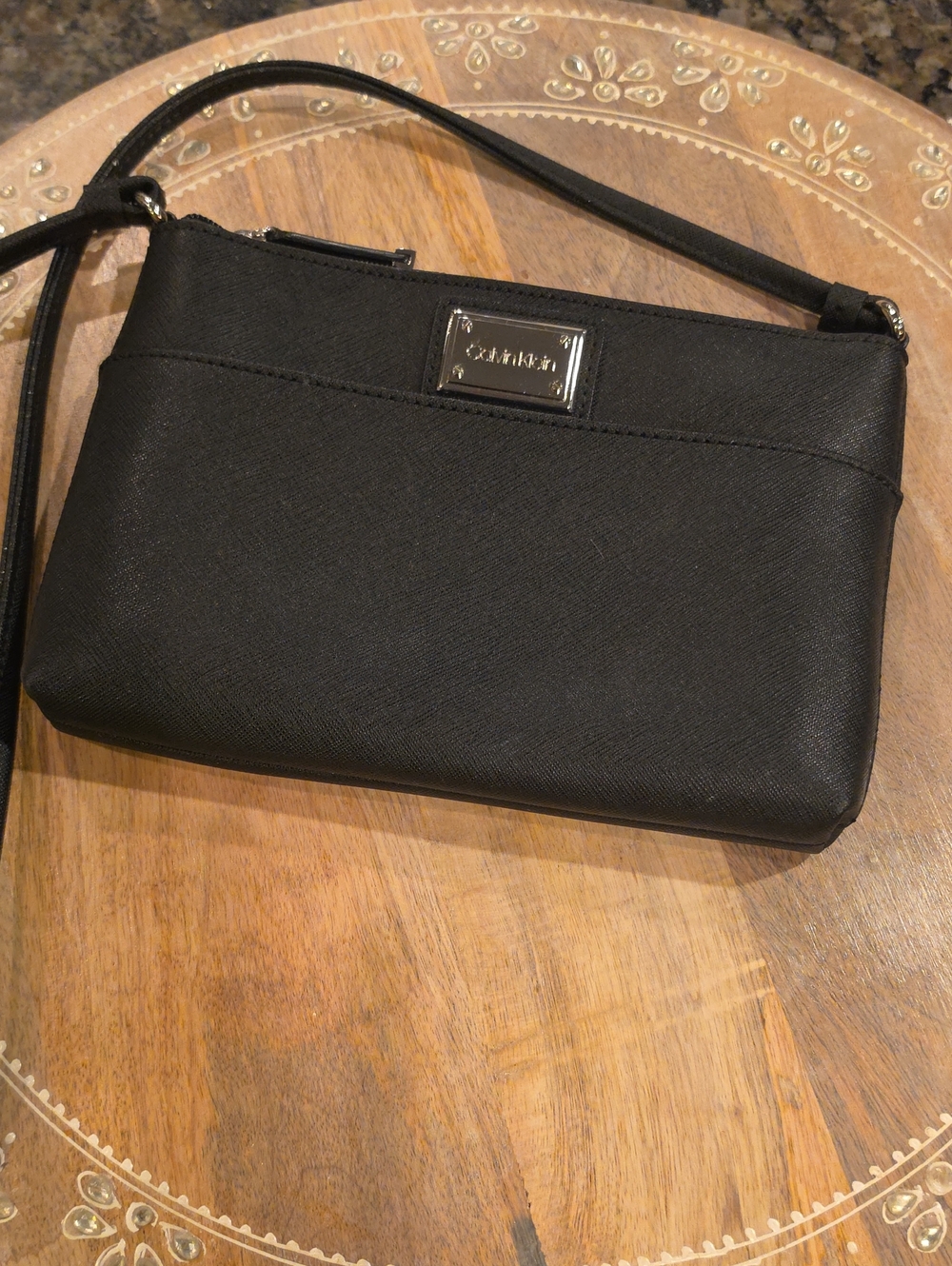 Calvin Klein Black Leather Crossbody Wristlet with Silver Logo Plate